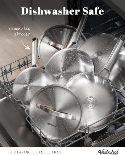 VEDNHOL Stainless Steel Frying Pan with Stainless Steel Handle,12 Inch Tri-Ply Stainless Steel Skillet,Brushed Steel Pan for Cooking,Dishwasher and Oven Safe,Induction&All Stove Compatible