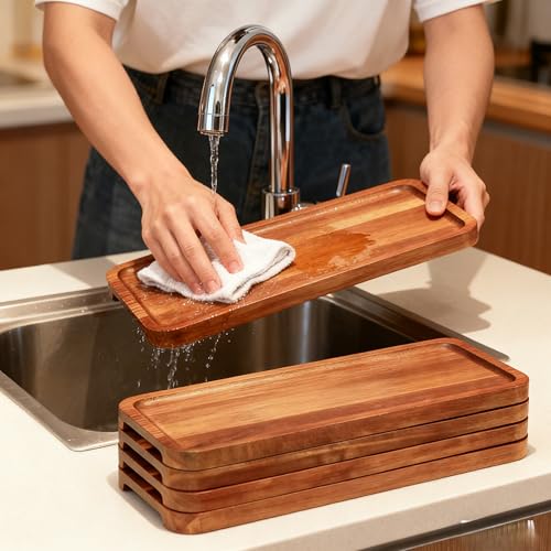 Wood Serving Trays Set of 6, 14 x 6 inch Acacia Wood Platters, Long Rectangular Wooden Trays for Charcuterie, Appetizers, Dessert, Party Serving & Kitchen Décor