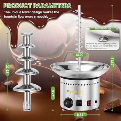 Flyseago Commercial Chocolate Fountain| 5 Tiers 18 lb Capacity| Large Hot Chocolate Fondue Tower| Stainless Steel Chocolate Melting Heating Machine for Nacho Cheese, Liqueurs, Party, Wedding