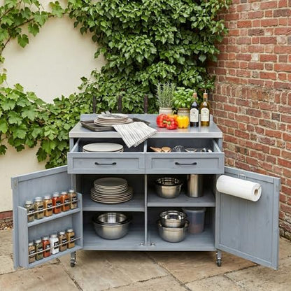 Merax 2 Piece Modular Outdoor Kitchen Series- Kitchen Grill Cart w/Stainless Steel Sink, Wood Rolling BBQ Prep Table w/Stainless Steel Top, Lockable Wheels for Patio & Outdoor Cooking, Grey Blue