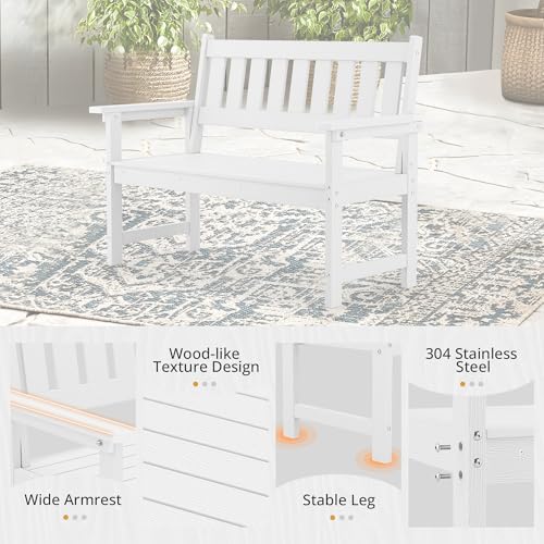 LUE BONA Outdoor Bench, 2-Person HDPS Garden Bench, Outdoor Benches Weatherproof, All-Weather Fade/Rot Resistant Patio Bench for Park, Front Porch, Backyard (White)