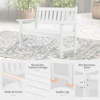 LUE BONA Outdoor Bench, 2-Person HDPS Garden Bench, Outdoor Benches Weatherproof, All-Weather Fade/Rot Resistant Patio Bench for Park, Front Porch, Backyard (White)