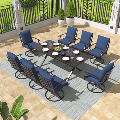 Gotland 9 Piece Outdoor Dining Set, Metal Outdoor Table and Swivel Chairs with X-Shaped Legs 1.5" Umbrella Hole, Patio Furniture Set with Waterproof Cushions, Patio Dining Sets for Backyard Deck Navy