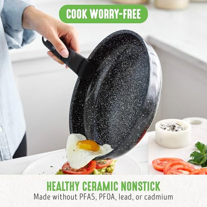 GreenLife 10 Piece Nonstick Pots & Pans Set, Detachable Handle & Stackable Cookware Set, Non Toxic PFAS-Free Skillets, Induction Kitchen Pans, Space Saving, Serving Bowls, Oven Safe, Granite Black