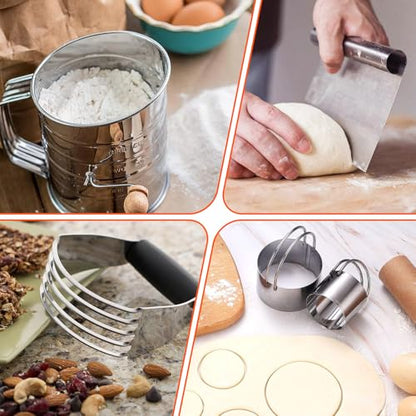 9PCS Stainless Steel Pastry Blender Set, 3 Cup Flour Sifter, Biscuit Cutter, Pastry Cutter, Dough Cutter, Silicone Baking Mats, for Cooking Cookies and Donuts, Cakes, Biscuits or Making Pancakes