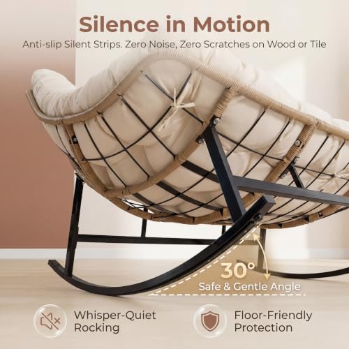 NICESOUL Oversized Double Rocking Papasan Chair with Thick Cushion, 2 Person Big Wicker Outdoor Comfy Recliner, Extra Large Heavy Duty Egg Loveseat for Patio, Balcony, Backyard, Garden, Beige
