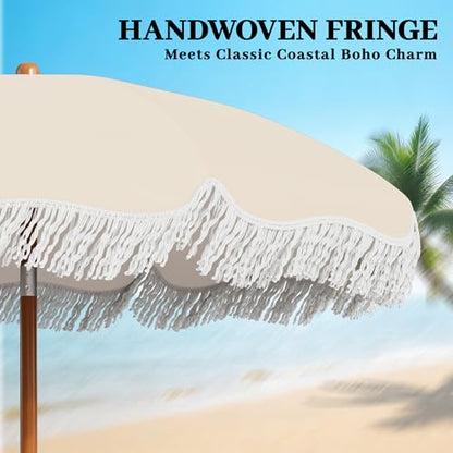 AreShark 7ft Patio Umbrella with Fringe, UPF50+ Beach Umbrella for Table, Pool & Garden, Portable Outdoor Tassels Umbrella w/Fiberglass Ribs&Push Bottom Tilt(Ivory)