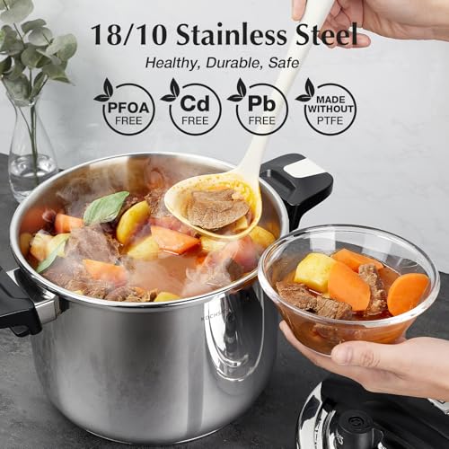 KOCH SYSTEME CS Stainless Steel Pressure Cooker 8.5 Quart, 3-in-1 Olla de Presion, One-Hand Locking, 3 PSI Settings Stovetop Pressure Cookers, induction Pressure Cooker, Glass Lid & Steamer, 8.5QT