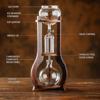 Nispira Iced Coffee Cold Brew Drip Tower Coffee Maker, 6–8 Cup Manual Cold Brew Brewer with Adjustable Valve, Wooden Frame & Glassware, Slow Cold Extraction System