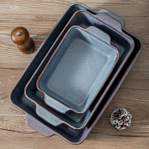 HVH 9x13 Baking Dish Set, Large Casserole Dishes for Oven, Ceramic Bakeware Set of 3, Rectangular Lasagne Pan Deep for Baking (Wabi sabi)