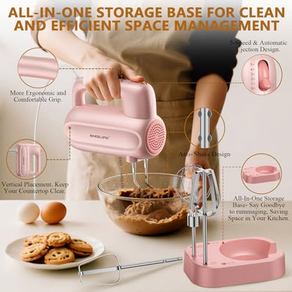 BAIGELONG Hand Electric Mixer, 5-Speed KitchenMixer with 5 * 304 Stainless Steel Attachments + Storage Base, Food Handheld Mixer for Baking, Whipping Cream, Cake Mixing, Pink