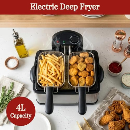 Deep Fryer - 4-Liter Electric Oil Fryer - 1 Large Basket and 2 Small for Dual Use - Stainless-Steel Cooker with Cool Touch Feature, See-Through Lid and Double Odor Filter Technology by Classic Cuisine
