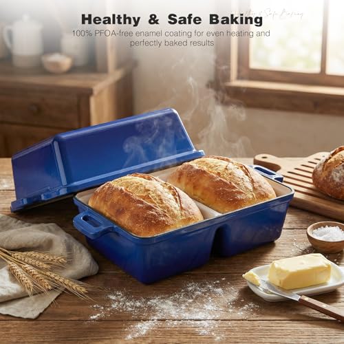 SEFILENCE Double Dutch Oven for Sourdough Bread Baking,Enameled Cast Iron Dutch Oven with Lid,Double-Chamber Square Mini Sourdough Loaf Pan for Homemade Bread,Dark Blue(Patent Has Been Applied for)