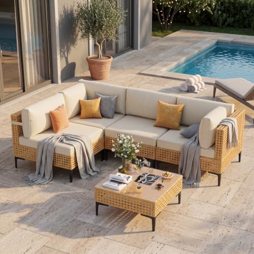 WELYAS Outdoor Sectional 5 Piece Modular Patio Furniture Set Free Combination Outdoor Couch with Thick Cushion All Weather Wicker Patio Conversation Sets for Backyard, Deck, Poolside