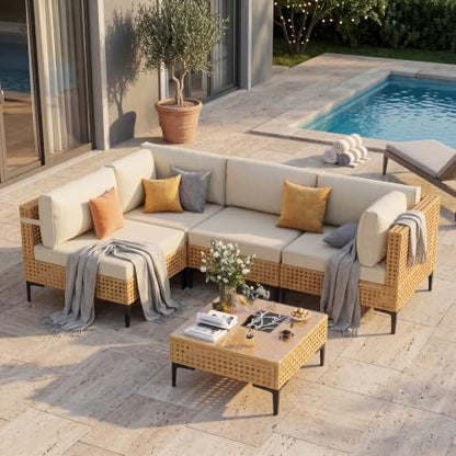 WELYAS Outdoor Sectional 5 Piece Modular Patio Furniture Set Free Combination Outdoor Couch with Thick Cushion All Weather Wicker Patio Conversation Sets for Backyard, Deck, Poolside