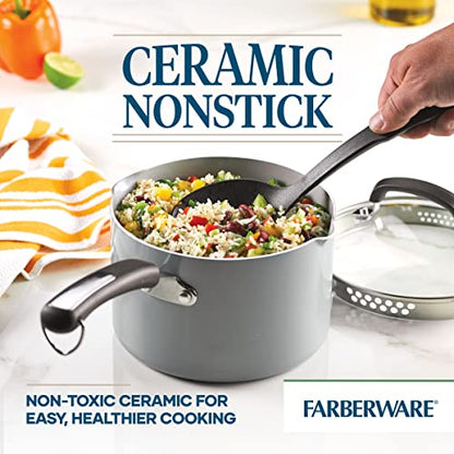 Farberware EcoAdvantage Ceramic Nonstick Straining Saucepan/Sauce Pan with Lid, 3 Quart, Gray