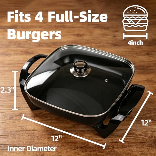 I-Keukenn 12" Ceramic Nonstick Electric Skillet with Tempered Vented Glass Lid, Scratch-Resistant Surface, Cool-Touch Handles, Removable Easy-to-Clean Design, 1200W, Sleek Black
