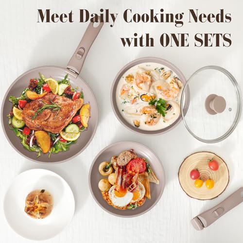 SODAY 15Pcs Pots and Pans Set Non Stick, Cookware Sets with Detachable Handle, Nonstick RV Kitchen Cooking Tools Removable Handles, Oven Safe, Induction Fast, Stackable Induction Cookware, Brown