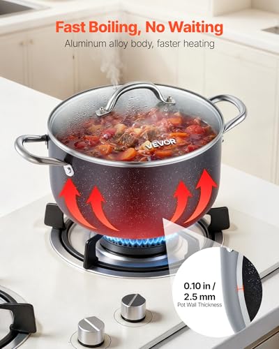 VEVOR Aluminum Stock Pot, 8-Quart Nonstick Ceramic Coated Pot with Glass Lid, PFOA-Free, PFAS-Free, Compatible with Gas Stoves, Induction Cooktops, Electric Stoves, for Soups, Stews, and Pasta