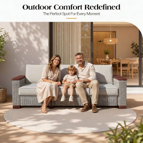 PaPaJet Outdoor Patio Sofa, 3 Seat Wicker Couch with Solid Armrests & Legs, 4.7" Thickened Removable Cushions, UV-Resistant Modular Sofa for Porch, Backyard, Garden