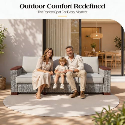 PaPaJet Outdoor Patio Sofa, 3 Seat Wicker Couch with Solid Armrests & Legs, 4.7" Thickened Removable Cushions, UV-Resistant Modular Sofa for Porch, Backyard, Garden
