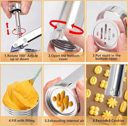Stainless Steel Cookie Press Kit with Reinforced Handle, Professional Spritz Cookie Maker Gun with 20 Discs, 8 Icing Tips, Piping Bag & Brush, Durable Baking Set for DIY Holiday Cookies & Churros