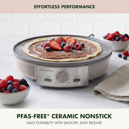 GreenPan Advanced 12" Crepe Maker, Ceramic Nonstick PFAS-Free Coating, Adjustable Temperature Control, 400°F Heating, Batter Spreader & Crepe Turner Included, Clay