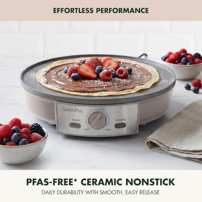 GreenPan Advanced 12" Crepe Maker, Ceramic Nonstick PFAS-Free Coating, Adjustable Temperature Control, 400°F Heating, Batter Spreader & Crepe Turner Included, Clay