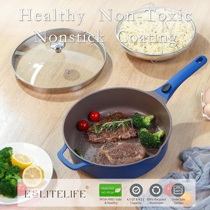 ESLITE LIFE Nonstick Always Pan with Lid, 11 Inch(4.5 Qt) Deep Frying Skillet Sauté Pan, Safe for Oven, Induction & All Cooktops, PTFE & PFOA Free (Blue Granite, 11" w/Lid & Steamer)