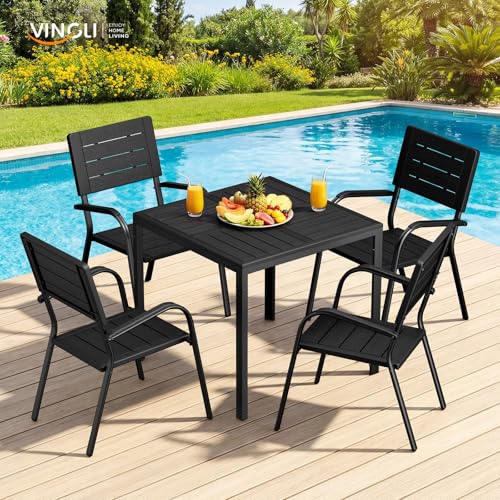 VINGLI Outdoor Patio Dining Set,5 Piece Square Table Patio Furniture Set,HDPE All-Weather Material Outdoor Dining Table and Chair for Garden, Backyard, Poolside,Black