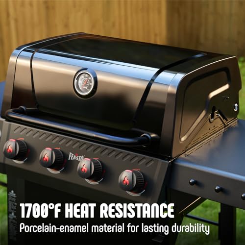 Feasto 4-Burner Gas BBQ Grill with Side Tables, 36,000 BTU Outdoor Propane Grill with Premium Enameled Coated Chamber Body & Porcelain-Enameled Stamped Grates for Deck Party & Patio BBQ, Black