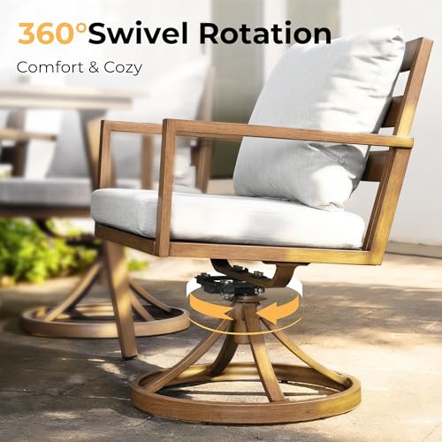 HAPPATIO Outdoor Dining Set, 7-Piece Patio Aluminum Dining Set with Wood-Like Hand-Painted Finish, 6 Swivel Rockers with Waterproof Cushions, Easy Assembly for Backyard, Garden, Porch, Grey Cushion