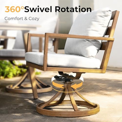HAPPATIO Outdoor Dining Set, 7-Piece Patio Aluminum Dining Set with Wood-Like Hand-Painted Finish, 6 Swivel Rockers with Waterproof Cushions, Easy Assembly for Backyard, Garden, Porch, Grey Cushion