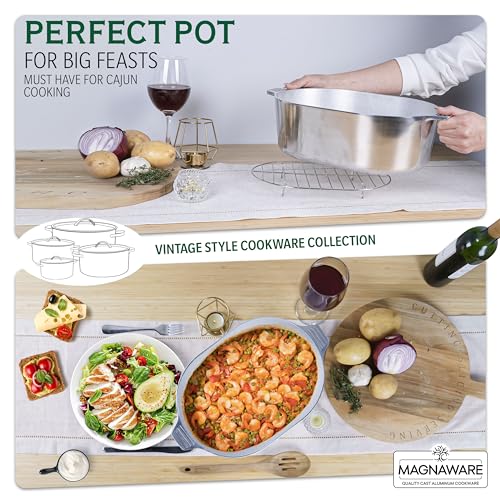 MAGNAWARE Cast Aluminum Oval Dutch Oven with Lid — 8 QT Heavy Duty Roaster Pan with Rack & Silicone Cover Dual Handles — Cajun Cookware for Roasting, Baking, Cooking (13" Medium)
