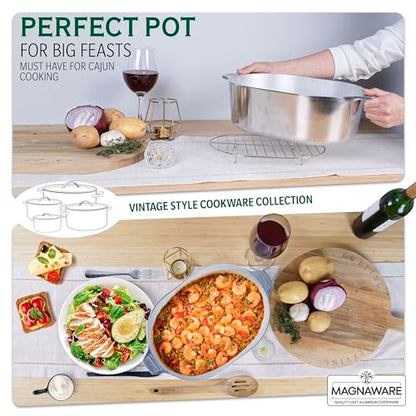 MAGNAWARE Cast Aluminum Oval Dutch Oven with Lid — 8 QT Heavy Duty Roaster Pan with Rack & Silicone Cover Dual Handles — Cajun Cookware for Roasting, Baking, Cooking (13" Medium)