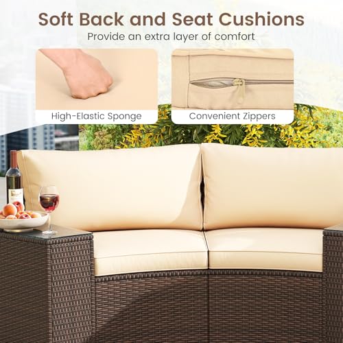 Tangkula 7 Pieces Patio Furniture Set, Rattan Half-Moon Curved Sectional Cushioned Sofas with Tempered Glass Top Side Tables, Outdoor Conversation Set for Porch, Backyard & Poolside