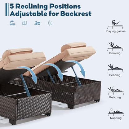 Yalissey Outdoor Lounge Chairs, Pool Lounge Chairs Set of 2, Outdoor Chaise Lounge with Adjustable Backrest & Cup Holder,Khaki Cushion