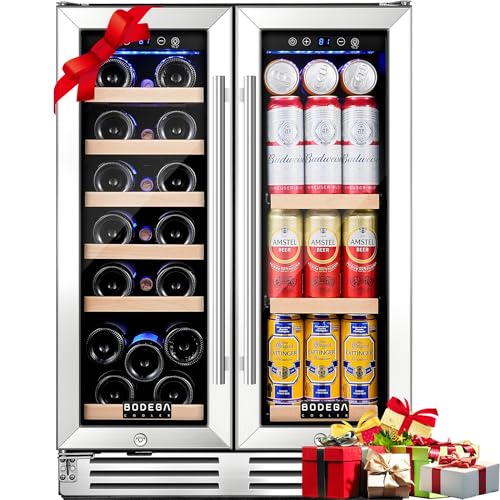 BODEGA 24 Inch Wine and Beverage Refrigerator, Dual Zone Wine and Bar Beverage Cooler, Commercial Black Bar Cooler With 2 Glass Doors, Bar Fridge Hold 19 Bottles and 57 Cans,Built-In or Freestanding.