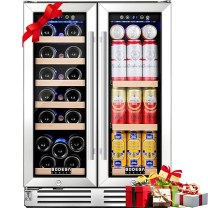 BODEGA 24 Inch Wine and Beverage Refrigerator, Dual Zone Wine and Bar Beverage Cooler, Commercial Black Bar Cooler With 2 Glass Doors, Bar Fridge Hold 19 Bottles and 57 Cans,Built-In or Freestanding.