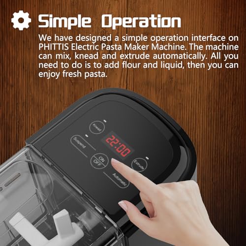 PHITTIS Electric Pasta Machine, Automatic Pasta Maker Machine Electric with 8 Discs for Spaghetti & Fettucine and More, Easy-to-Clean Noodle Maker with Measuring Cup, Cleaning Scraper, Black