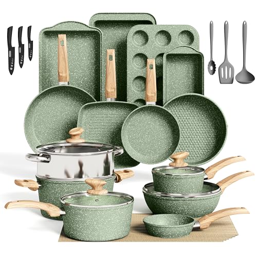 DishDelight Green Pots and Pans Set Non Stick, 30 Piece Induction Kitchen Cookware Sets for Cooking, Non Toxic Granite Pot and Pans Set, PFOA&PFOA Free