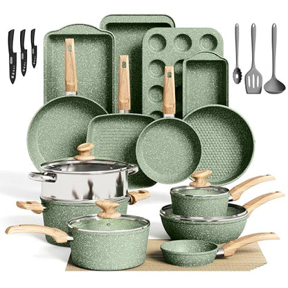 DishDelight Green Pots and Pans Set Non Stick, 30 Piece Induction Kitchen Cookware Sets for Cooking, Non Toxic Granite Pot and Pans Set, PFOA&PFOA Free