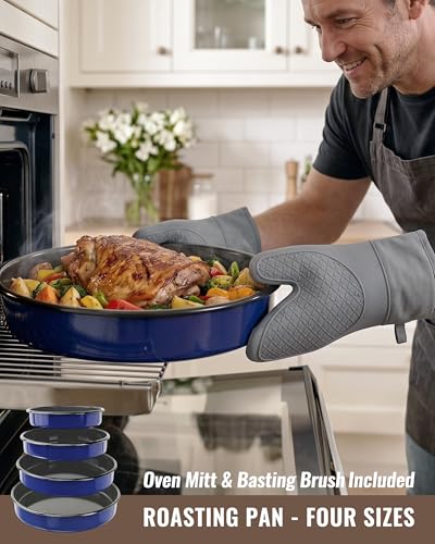 MCCSI Enamel Roasting Pan Set Round Baking Dish 4-Pack 9/10/12/14 Inch Non Stick High Temperature Resistance Bakeware for Pizza & Salad, Oven Dishwasher Safe Mother Day Gift for Wife & Mom Cake Pan