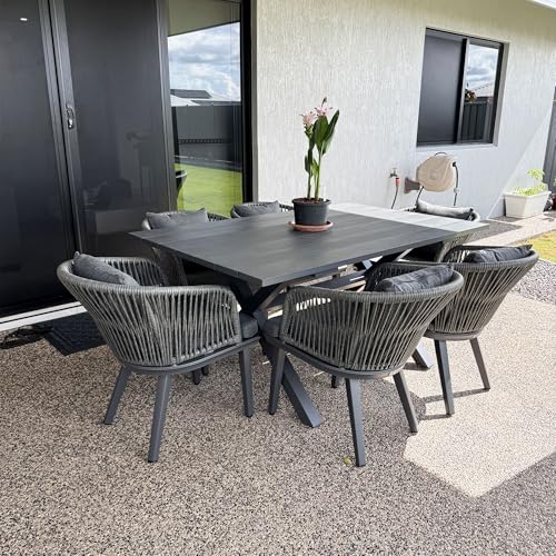 PURPLE LEAF 7 Pieces Patio Dining Set Wicker Outdoor Furniture Rectangular Table and Chairs Set for Garden Deck Aluminum Frame Backyard Kitchen Set, Cushions and Pillows Included Grey