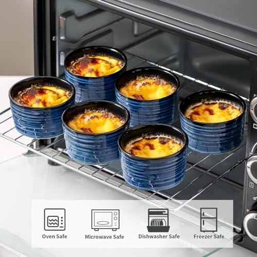 Tikooere Ceramic 4 oz Ramekins Set of 6, Oven Safe Small Creme Brulee Ramekins for Baking, Blue Dipping Bowls for Custard, Ice Cream, Pudding, Porcelain Sauce Cups, Mini Souffle Dish, Microwave Safe