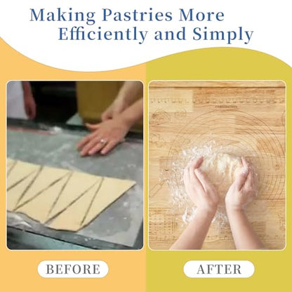 Wooden Pastry Board with Measurement, 24'' x 20'' Wood Kneading Board, 2-in-1 Rubber Wood Pastry Board and Chopping Board with Side Lip and Engraved Ruler