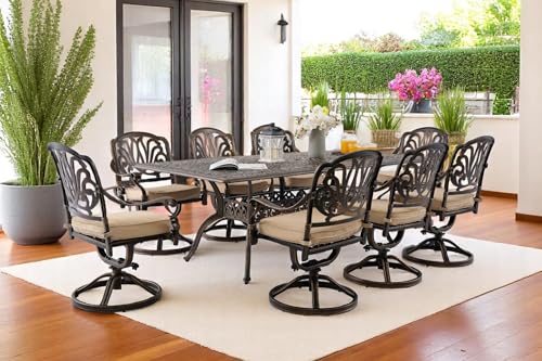 Ailismail 𝟗 𝐏𝐢𝐞𝐜𝐞 Outdoor Dining Set Cast Aluminum Furniture Set, Retro Patio Dining Set for 8 Includes 86.6’’ Table & 6 Swivel Chairs with Cushion and Umbrella Hole for Patio Deck Poolside