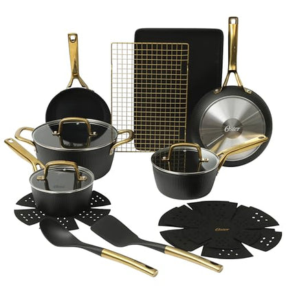 Oster Platinum Abbottsford 16 Piece Aluminum Pots and Pans PFA Free Ceramic Non stick Induction Kitchen Cookware Set - Black W/Gold