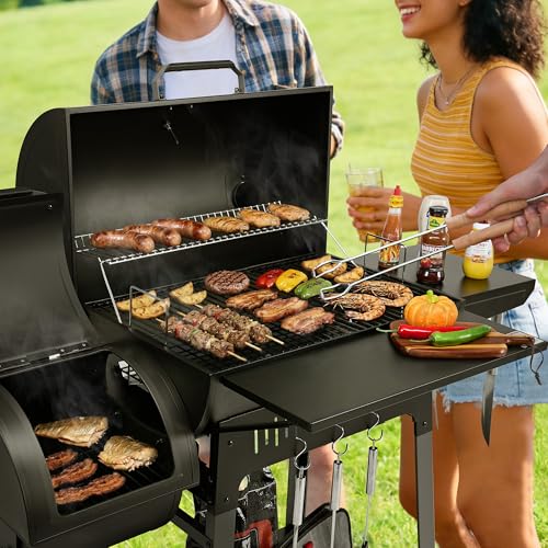 Grills House Barrel Charcoal Grill with Offset Smoker, 824 Sq. In. Cooking Area,Frame Tool Hooks, Bottom Shelf, Blow-Molded Wheels, Outdoor Charcoal Grill for Backyard Cooking, Black, CC1831S-SC