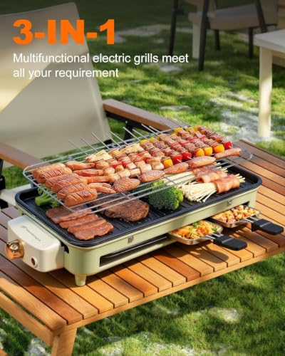 1500W Smokeless Electric Indoor Grill, 3 in 1 Korean Barbecue Grill with Net & Non-Stick Removable Plate and Magnet Strip, Temperature Control & Dishwasher Safe, Smokeless Korean BBQ for Kitchen Party